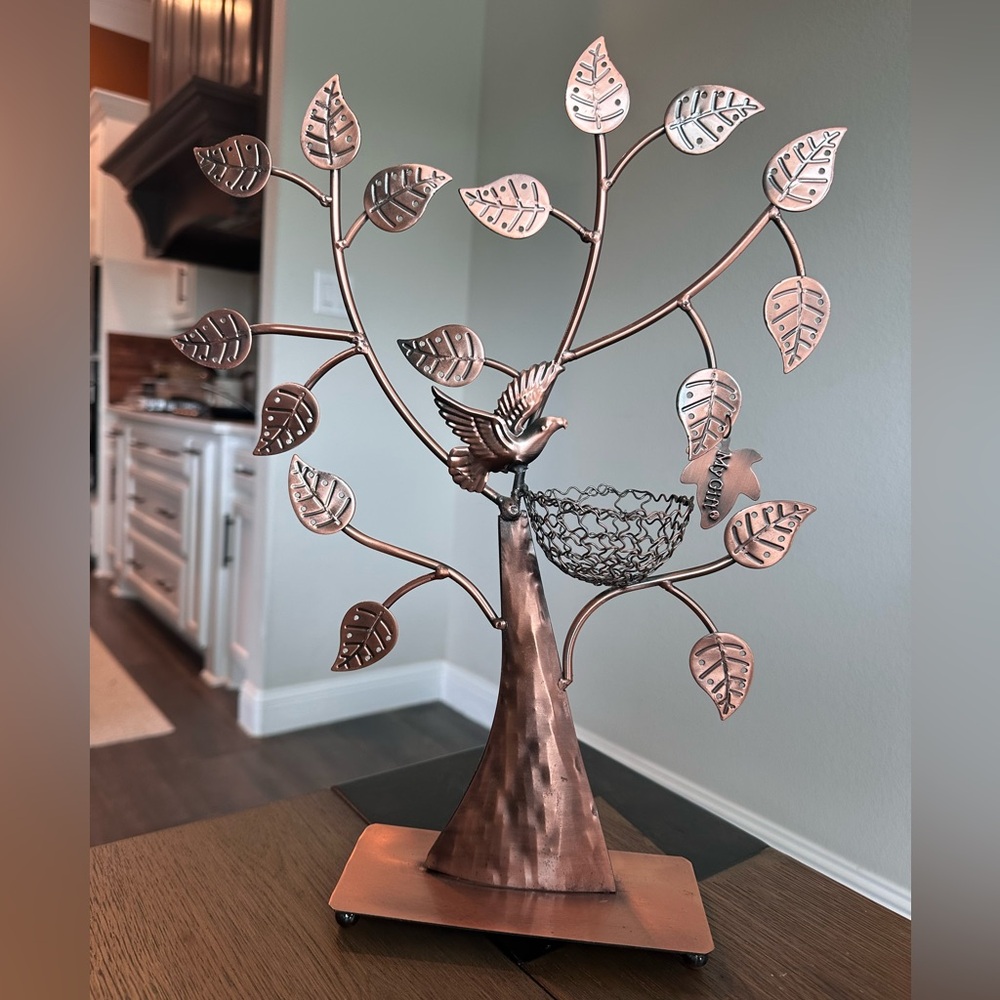 Modern Bronze Jewelry Organizer Tree with Bird Nest – Holds 48 Earrings